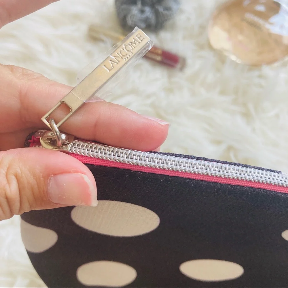 Lancôme Black White Polka Dot Makeup Bag Pink Lining Zip Cosmetic Pouch